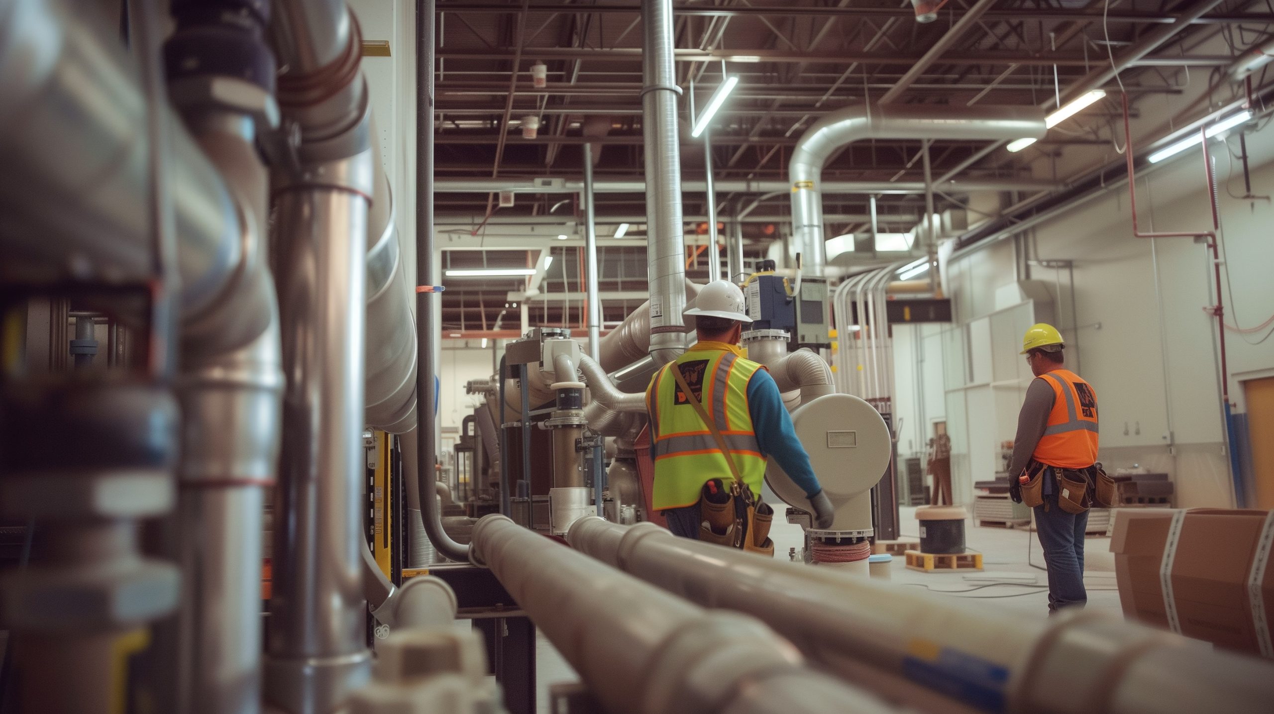 Industrial plumbing maintenance - Team of engineers inspecting and working on the extensive pipe system in a commercial building